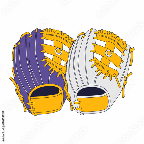 This image features a pair of vibrant baseball gloves, one in purple and the other in white, showcasing their design and colors that appeal to sports enthusiasts and collectors.
