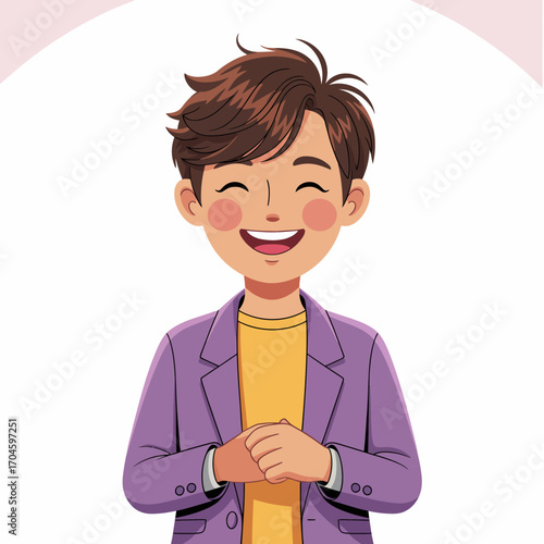 A cheerful young boy smiles brightly in a purple jacket and yellow shirt, embodying joy and innocence, perfect for conveying positivity and youthfulness in imagery.
