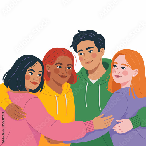 This heartwarming illustration captures a diverse group of friends, showcasing unity and love through their warm embrace and joyful expressions, celebrating friendship.