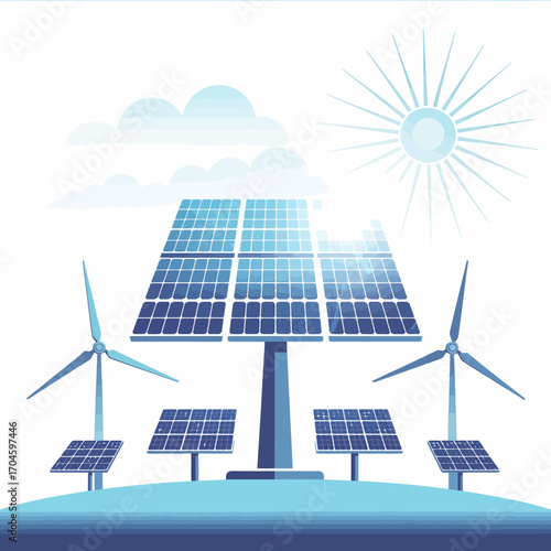 This bright illustration showcases a solar energy installation with wind turbines, symbolizing a commitment to renewable energy solutions and a sustainable future.