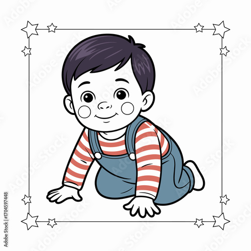 The image presents a charming baby crawling, dressed in overalls and a striped top, surrounded by elements that enhance the theme of exploration and innocence in early development.