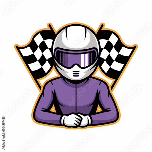 An illustration of a confident racecar driver, with a poised posture and checkered flags in the background, reflecting determination and dedication to winning in racing competitions.