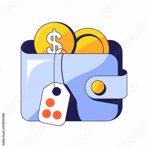 This image portrays a flat design illustration of a wallet filled with coins alongside a price tag, symbolizing the relationship between spending and saving effectively.