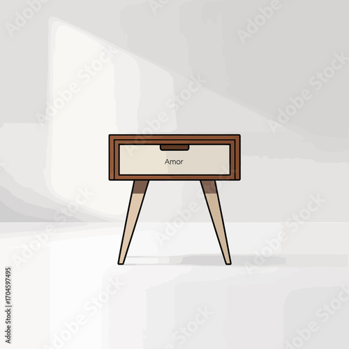 A chic nightstand with a minimalist design and the word 'Amor' artistically displayed, adding a personal touch to modern bedroom decor.