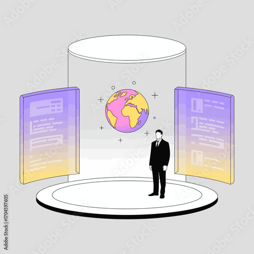 This artistic rendering of a holo-view environment illustrates the integration of Earth and data visualization, symbolizing advancements in technology and human connection.