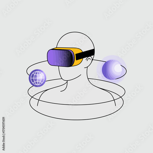 A person in a VR headset surrounded by cosmic elements like planets, illustrating the creative exploration of virtual worlds and their expansion of human imagination and experience.