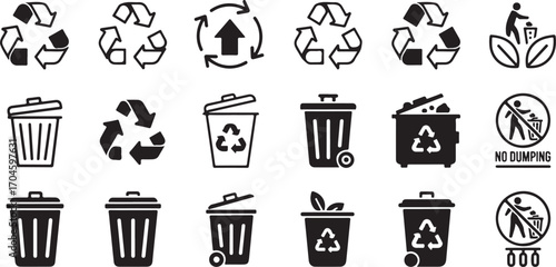 Recycling and Trash Icon Set in Black and White