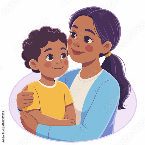 A loving mother gazes at her adorable child in her arms, reflecting affection and joy, making this an excellent representation of family love and nurturing in heartwarming visuals.