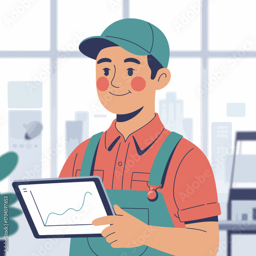The image captures an optimistic worker holding a tablet showing graphs, symbolizing the intersection of technology and industry in a vibrant, modern workspace environment.