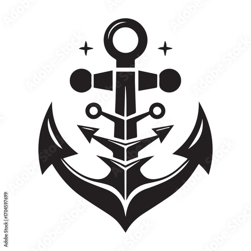 Stylized black anchor with four pointed stars on a white background vector graphic nautical maritime