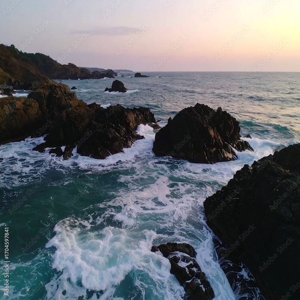 Obraz premium Coastal rocks and waves at sunset