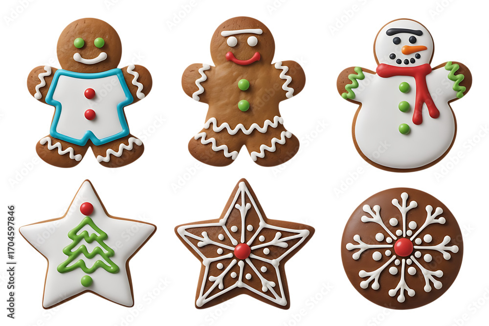 Fototapeta premium Six Assorted Christmas Decorated Cookies gingerbread snowman Cutout PNG isolated on a transparent background