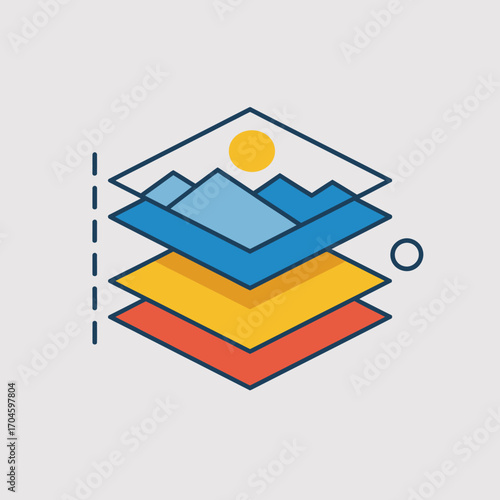 An engaging layered design that features a mix of colors highlighting a mountain landscape and a bright sun, representing joy, nature, and artistic expression effectively.