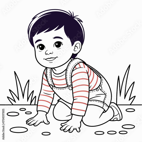 A vivid illustration showcases a happy baby exploring their surroundings while crawling on the ground, highlighting the natural curiosity and innocence of early childhood development.