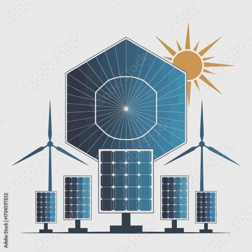 A vibrant illustration showcasing solar panels and wind turbines with a sun, symbolizing the synergy of renewable energy sources for a sustainable future and clean energy.