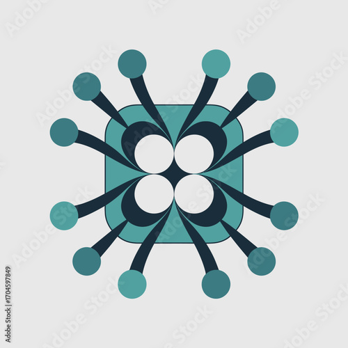 A geometric design showcasing interconnected circular nodes with lines, symbolizing networks, collaboration, and the interrelated nature of modern creative and scientific endeavors.