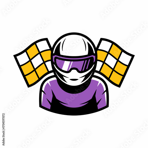 This illustration captures an intense racer, helmeted and proudly displaying chequered flags symbolizing triumph and the spirit of racing, emphasizing speed and competition.