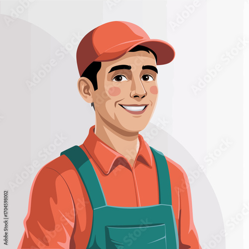 A cheerful worker in an orange shirt and cap, showcasing positivity and enthusiasm while wearing green overalls in a friendly, inviting workplace environment.