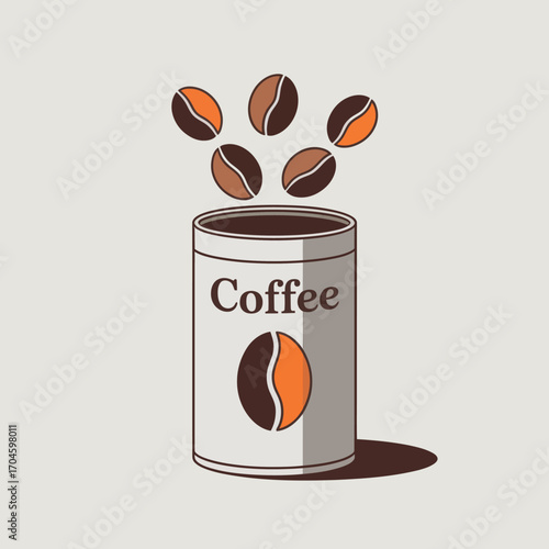 A modern coffee can illustration displaying flying coffee beans, suggesting freshness and an energetic coffee experience perfect for marketing and cafe branding.