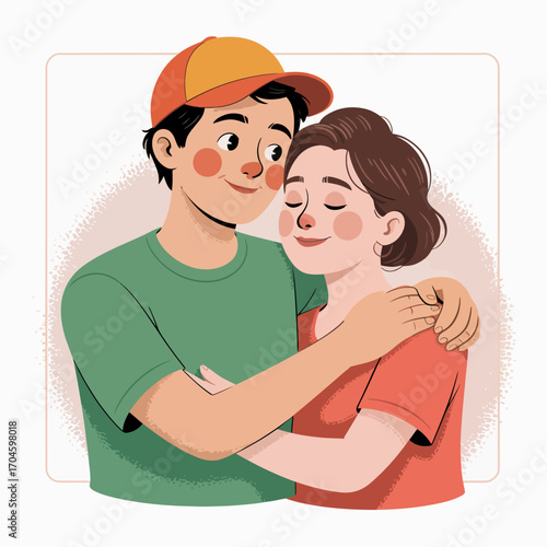 An illustration of a young couple savoring a tender moment, showcasing love and companionship through a warm hug, highlighting emotional connection between them.