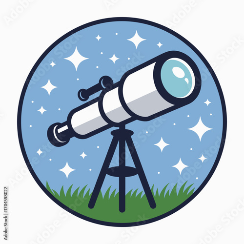 A white telescope is showcased on a stand with a clear blue sky filled with twinkling stars, inviting viewers to explore the celestial wonders above us.