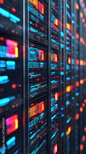Futuristic data server with glowing interface, digital information, cyber security, and advanced data retention policy