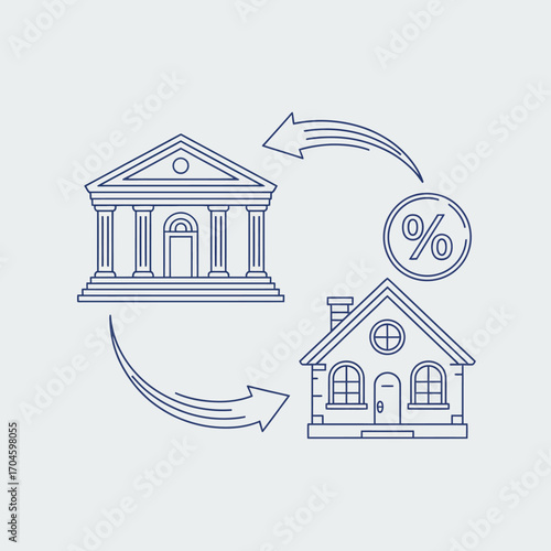 This image showcases the connection between a bank and a house, illustrated with arrows and a percentage symbol, emphasizing economic transactions in real estate finance.