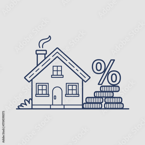 An artistic representation of a house alongside stacks of coins and percentage symbols, highlighting the connection between home ownership and financial growth.