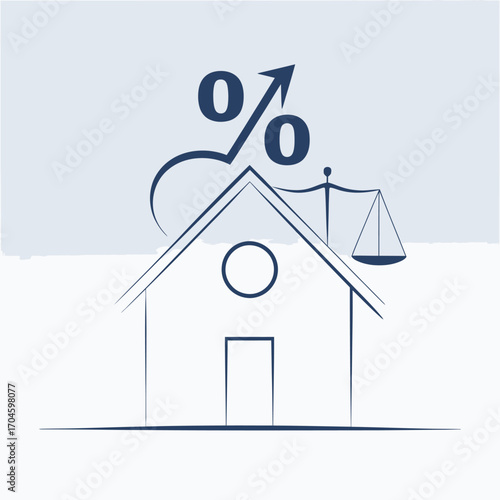 An artistic rendering of a house with a scale and interest rate symbol, symbolizing the balance of financial decisions in real estate investments and home ownership.