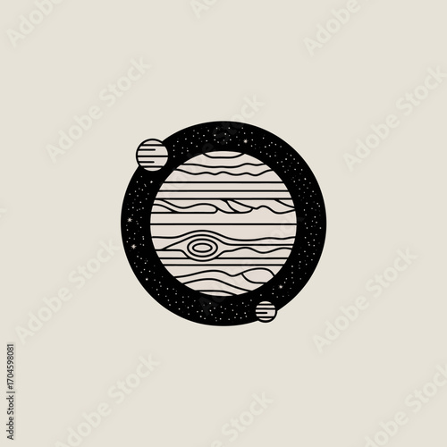 This minimalist depiction of planet Jupiter features its iconic banded surface within a stylized circle, representing the allure and mystery of the cosmos in a sleek design.