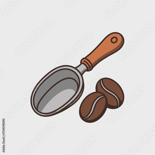 An elegantly designed metal scoop rests next to perfectly roasted coffee beans, illustrating the harmonious relationship between coffee preparation and enjoyment.