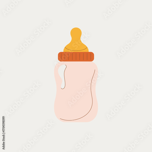 A minimalistic illustration of a baby bottle in soft pink tones, representing nurturing and care, ideal for baby products or parenting themes in visual merchandising.