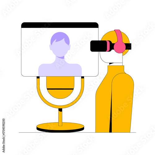 This artwork showcases an individual in a VR headset standing beside a display that features a stylized face, emphasizing digital interaction and technology's influence on communication.
