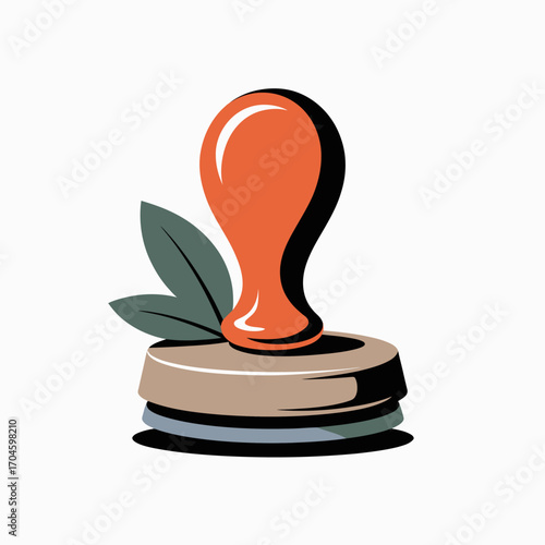 An artistic stamp featuring a vibrant orange handle and leaves, representing nature care and environmental consciousness, showcasing an eco-friendly perspective in everyday tools.