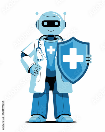 A friendly healthcare robot character dressed like a doctor, holding a shield, symbolizing safety, innovation, and technology in healthcare for future health scenarios.