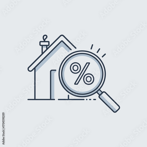 A detailed depiction of a house with a magnifying glass showcasing a percentage symbol highlights the importance of property valuation in the real estate industry.