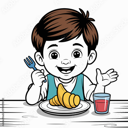 A cheerful boy smiles as he enjoys a breakfast of croissants and a refreshing drink, conveying happiness and love for food in a beautifully illustrated style.