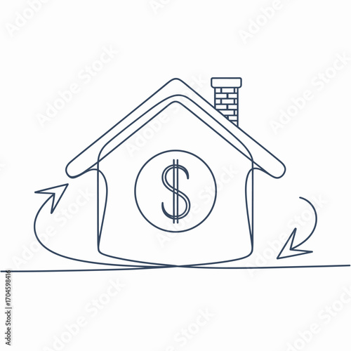 An imaginative drawing of a home showcasing a circular dollar sign, representing the intrinsic relationship between houses and financial investment dynamics.