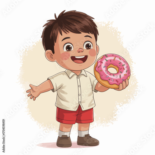 A joyful little boy with brown hair is happily holding a pink-frosted donut with sprinkles, showcasing a sense of delight and childhood innocence in a bright, playful setting.
