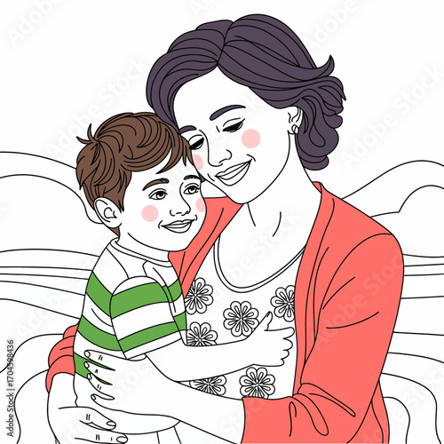 An artistic representation of a mother holding her son, both dressed in colorful attire, capturing their joyful expressions and deep emotional connection in a vibrant illustration.
