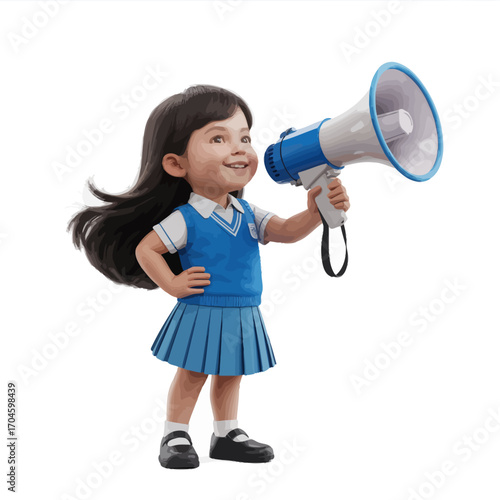 This charming young girl, dressed in a school outfit, joyfully holds a megaphone, embodying confidence and enthusiasm, perfect for conveying messages or announcements.