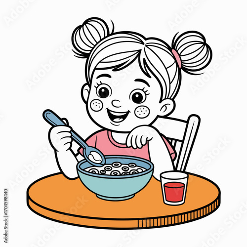 A young girl is happily eating her breakfast cereal at the table, enjoying the moment, with a glass of juice beside her, showing a delightful morning routine.
