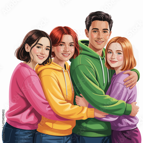 This vibrant illustration features close friends smiling warmly as they embrace each other in colorful hoodies, capturing the joy and comfort of their close-knit relationship.