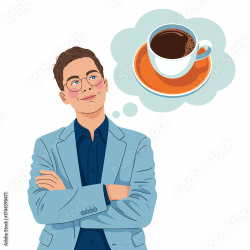 A young man in a blue blazer thoughtfully considers a cup of coffee, surrounded by an abstract background, depicting the importance of coffee breaks and refreshment in daily life.
