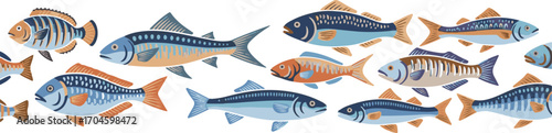 Illustrated Decorative Fish Pattern on White