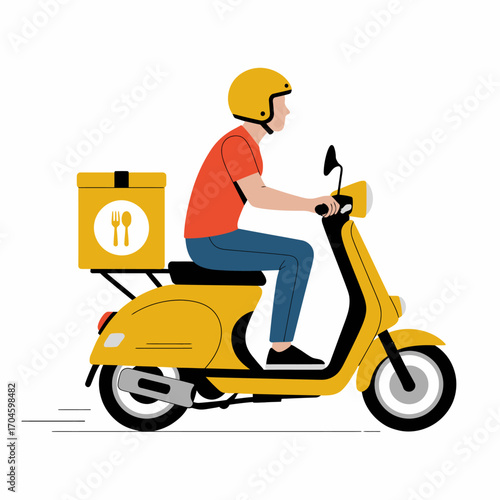 A delivery scooter rider wearing a helmet rides swiftly, transporting food in a yellow box, showcasing speed and efficiency in food delivery services.
