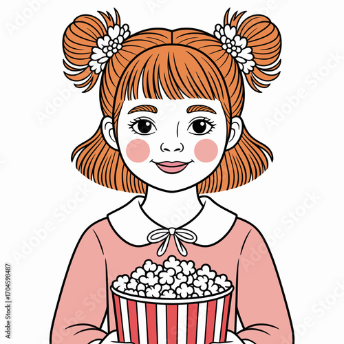 This vibrant illustration features a cheerful girl with pigtails holding a striped bowl of popcorn, perfect for a fun movie time experience at home or in theaters.