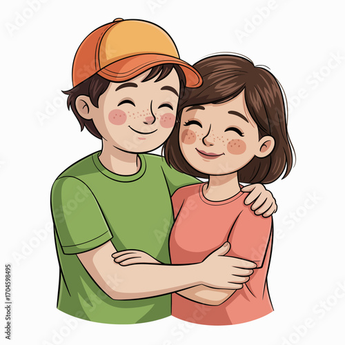 A cheerful depiction of a young couple enjoying each other’s company with bright smiles, capturing love and joy with warmth and happiness in their expressions.