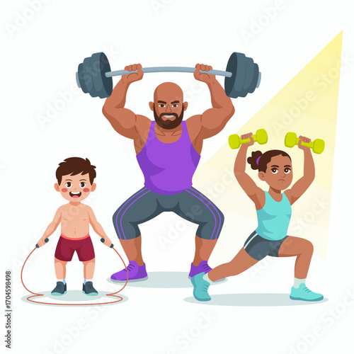 A joyful scene showcasing three individuals engaging in fitness activities, promoting a healthy lifestyle and the importance of workout routines for all ages.