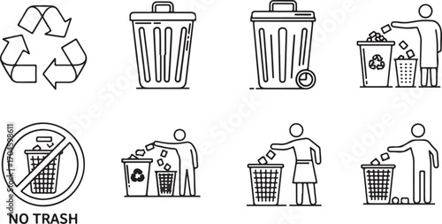 Waste Management Icons Illustrating Recycling and Disposal